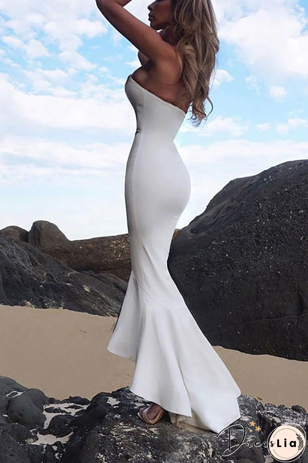 White Long Mermaid Strapless High Low Prom Dress