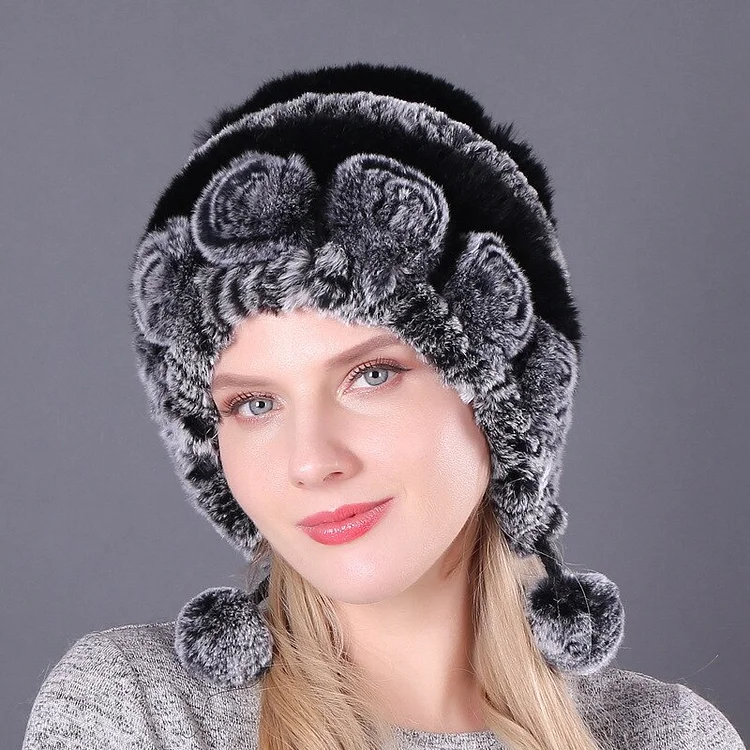 Women's Warm Flower Stripe Real Rex Rabbit Hair Hat | 168DEAL