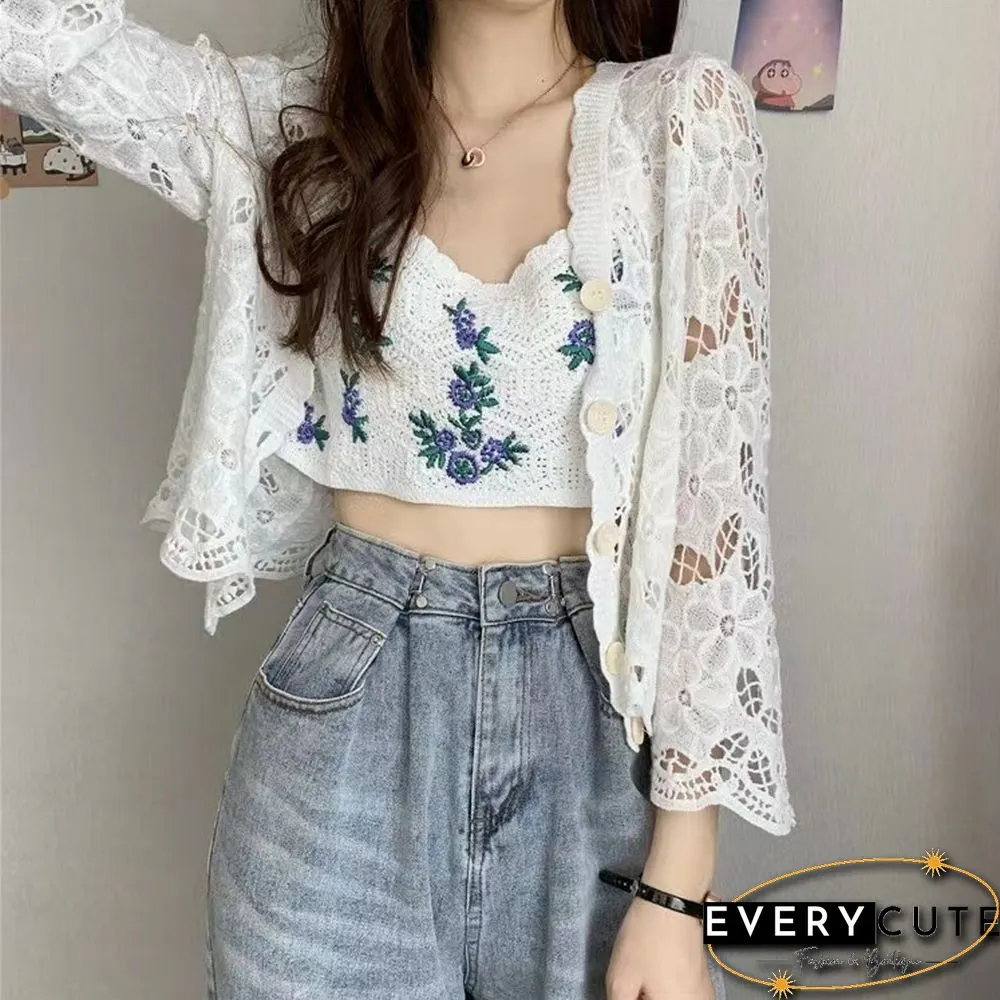 Womens Floral Embroidery Camis Crop TopSummer Cotton Crochet Sweet Tops Sleeveless Retro