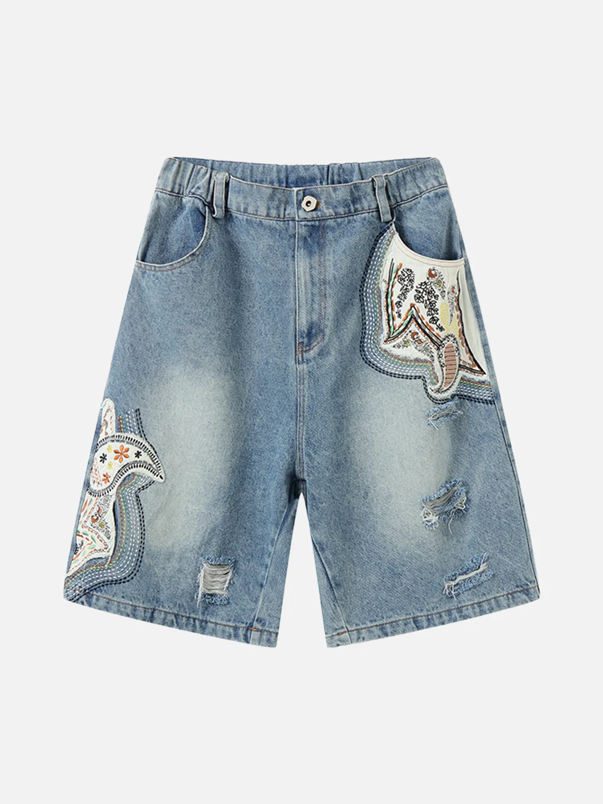 Blue Vintage Ethnic Embroidery Baggy Longline Jorts Front