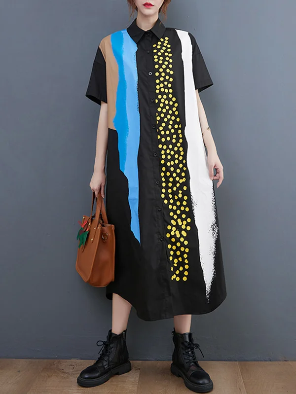 Artistic Retro Short Sleeves Loose Contrast Color Polka-Dot Lapel Collar Midi Shirt Dress