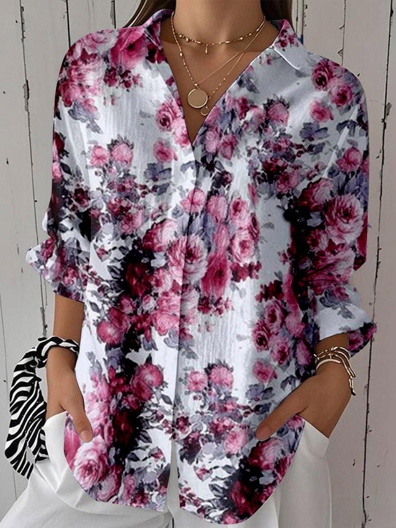 Women Long Sleeve V-neck Graphic Floral Printed Top