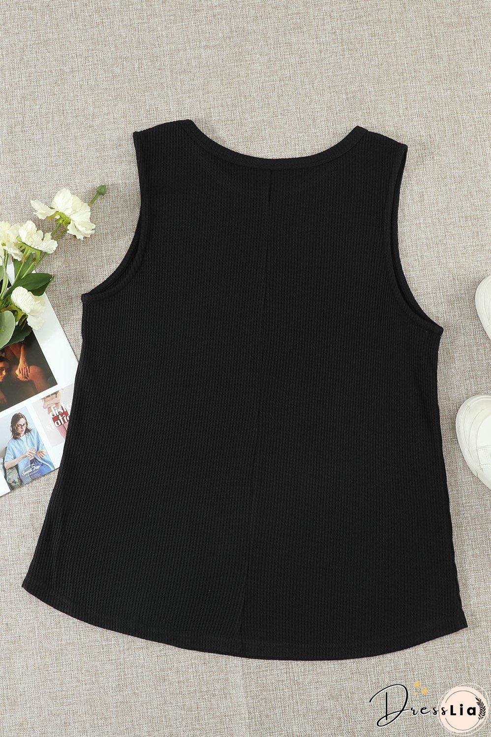 Chic Black Waffle Knit Sleeveless Tank Top