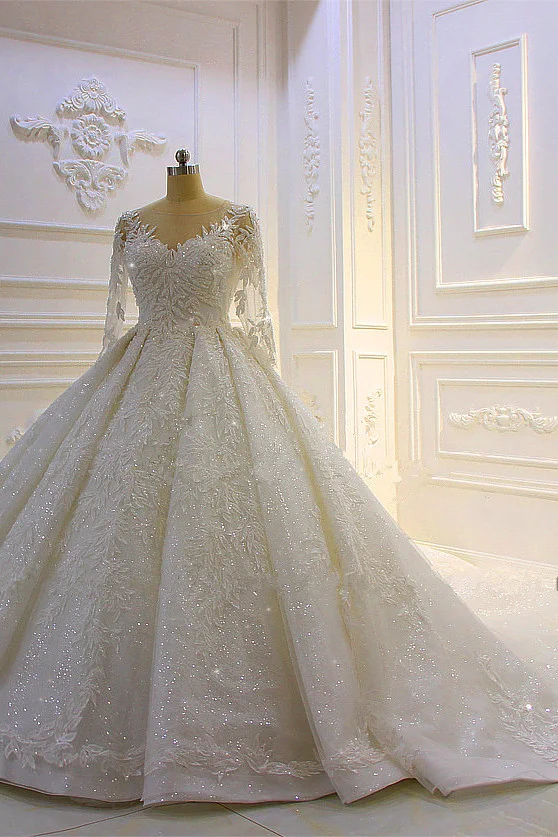 Sleeves Ball Gown Beading Church Train Long Wedding Dress With Lace ...