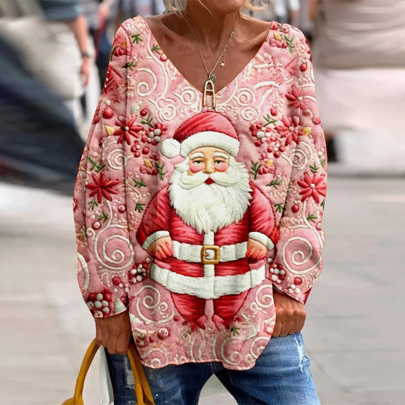 Santa Claus Printed V-Neck Loose Long Sleeved T-Shirt