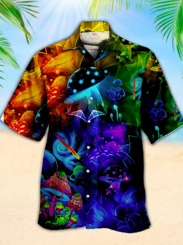 Eye-Catching Psychedelic Mysterious Seabed Mutant Mushrooms And Jellyfish Printing Cuban Collar Hawaiian Short Sleeve Shirt BestDVibe