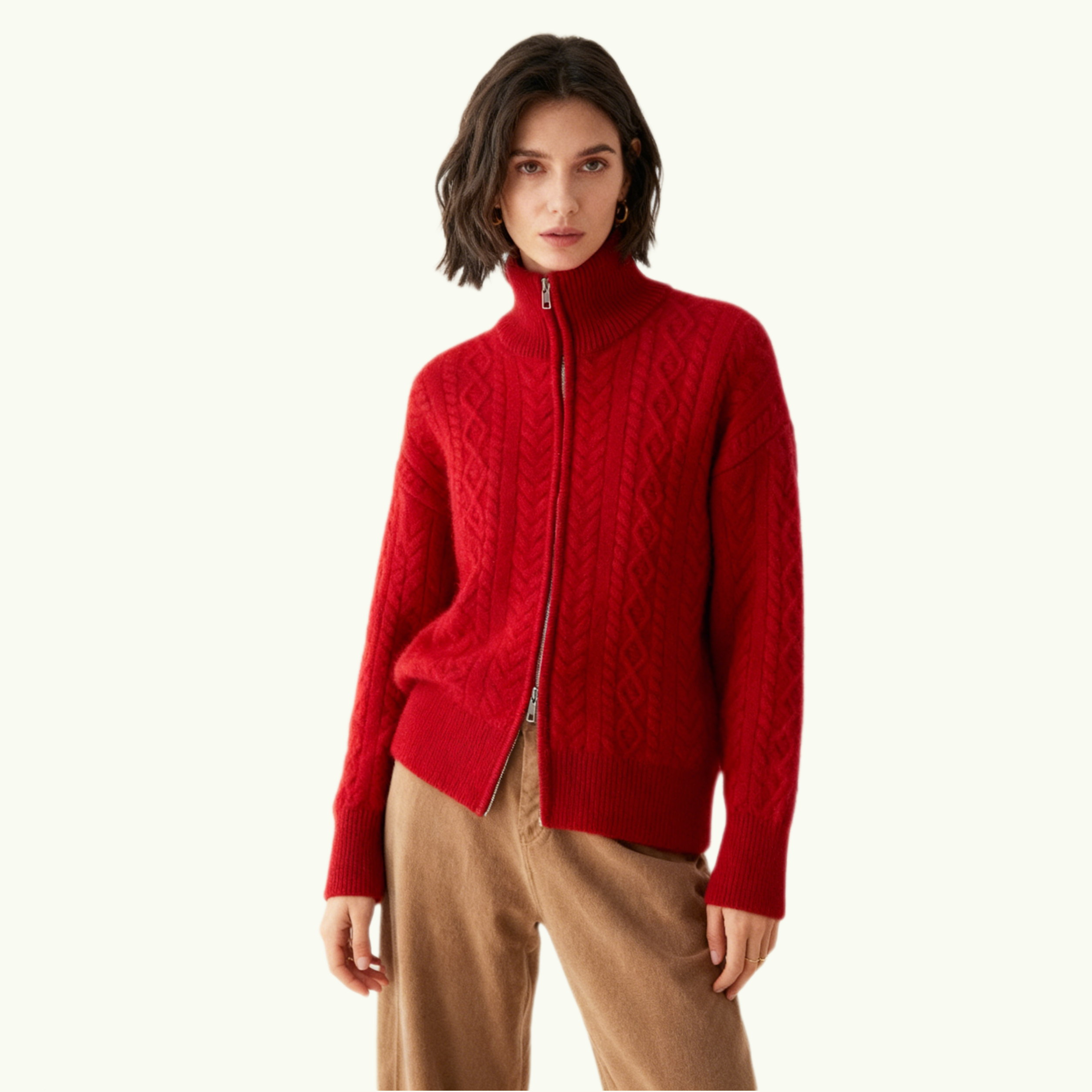 Women's Cable-Knit Cashmere Full-Zip Cardigan REAL SILK LIFE
