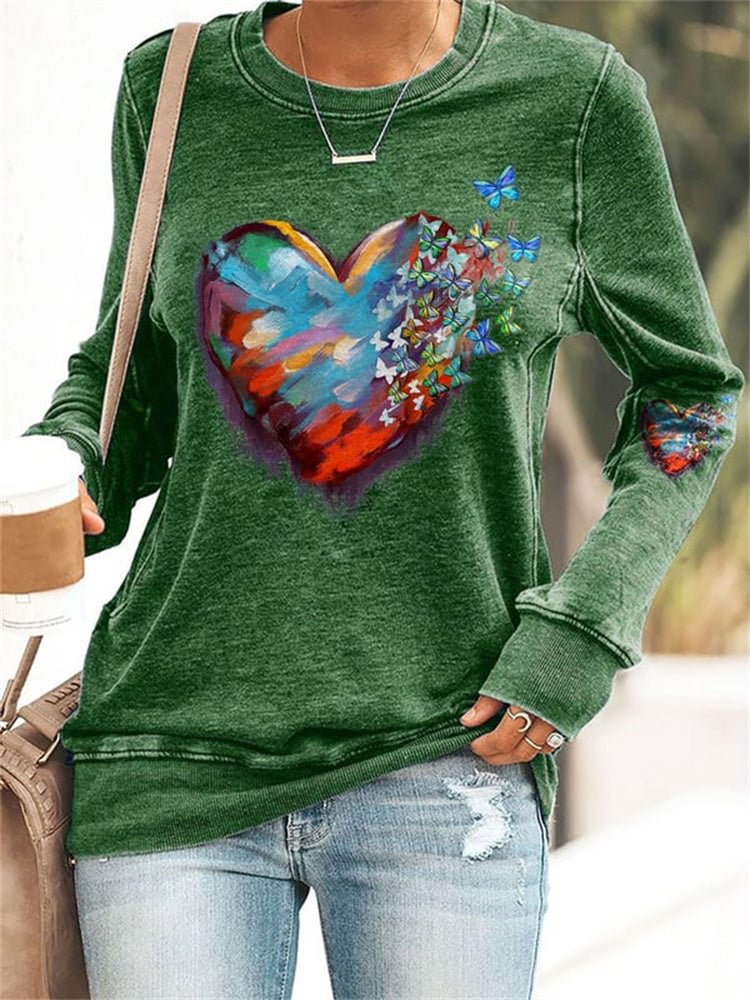 VChics Butterfly Heart Print Long Sleeve Sweatshirt