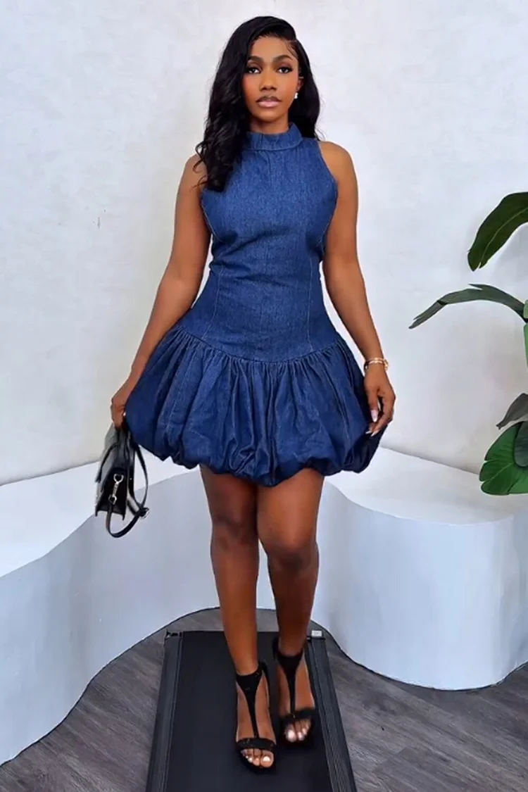 Dropped Waist Sleeveless Bubble Hem Denim Mini Dresses-Blue [Pre Order]