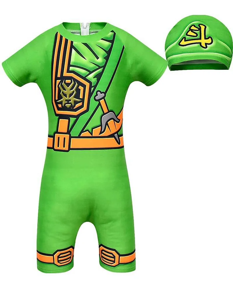 Ninjago Green Ninja Lloyd Printed Kids One Piece Swimsuit With Hat-Mayoulove