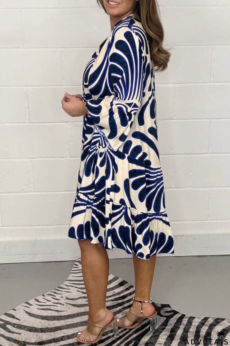 Casual Striped Print Patchwork V Neck A Line Dresses