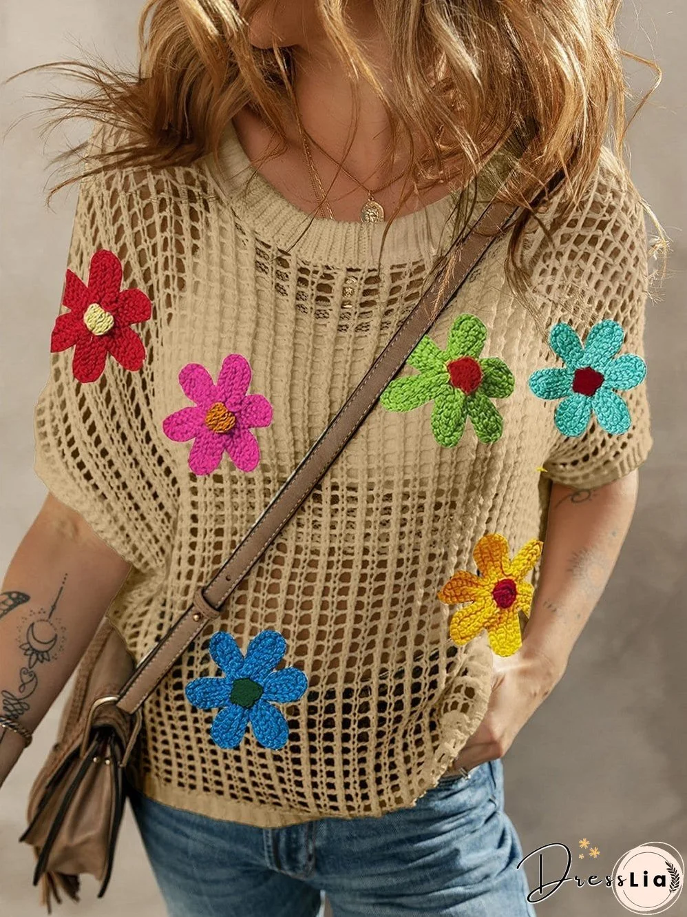 Colorful Flower Appliqu&eacute; Knitted Sweater
