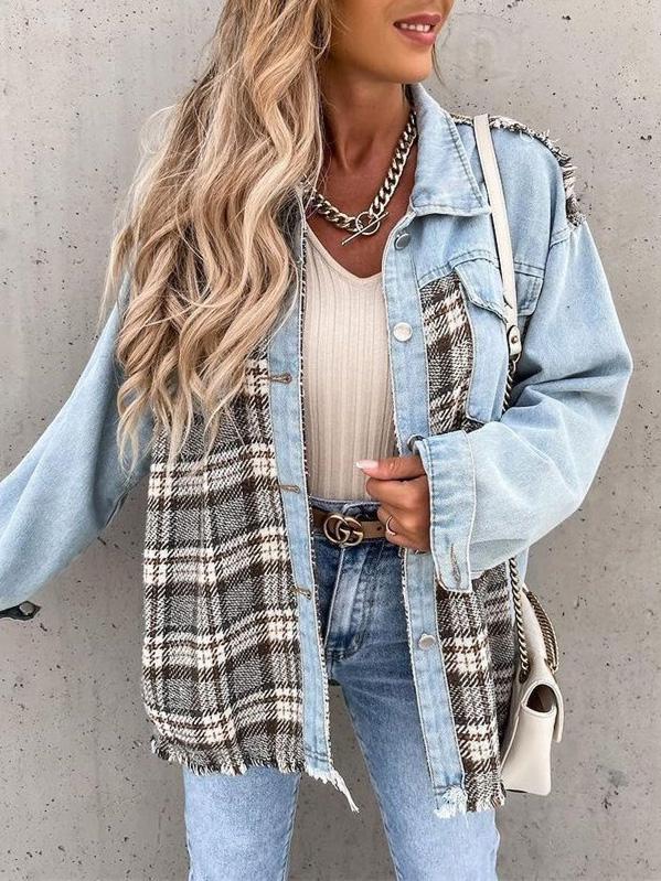 Women's Long Sleeve Plaid Stitching Denim Jacket Top