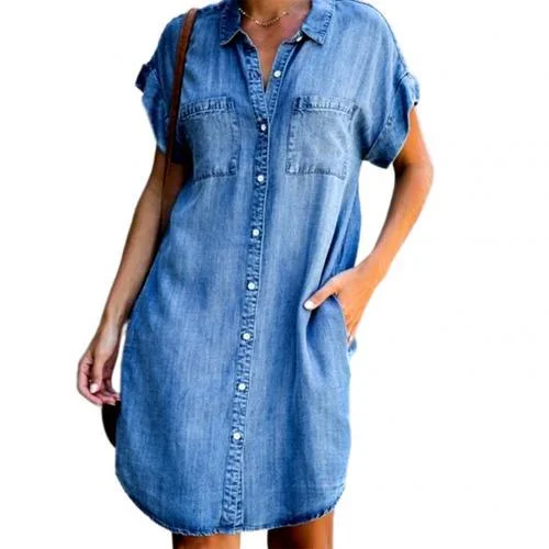 Plus Size Vintage Dress Womens Summer Short Sleeve Pockets Single-breasted Irregular Hem Knee-length Loose Dresses Women clothes