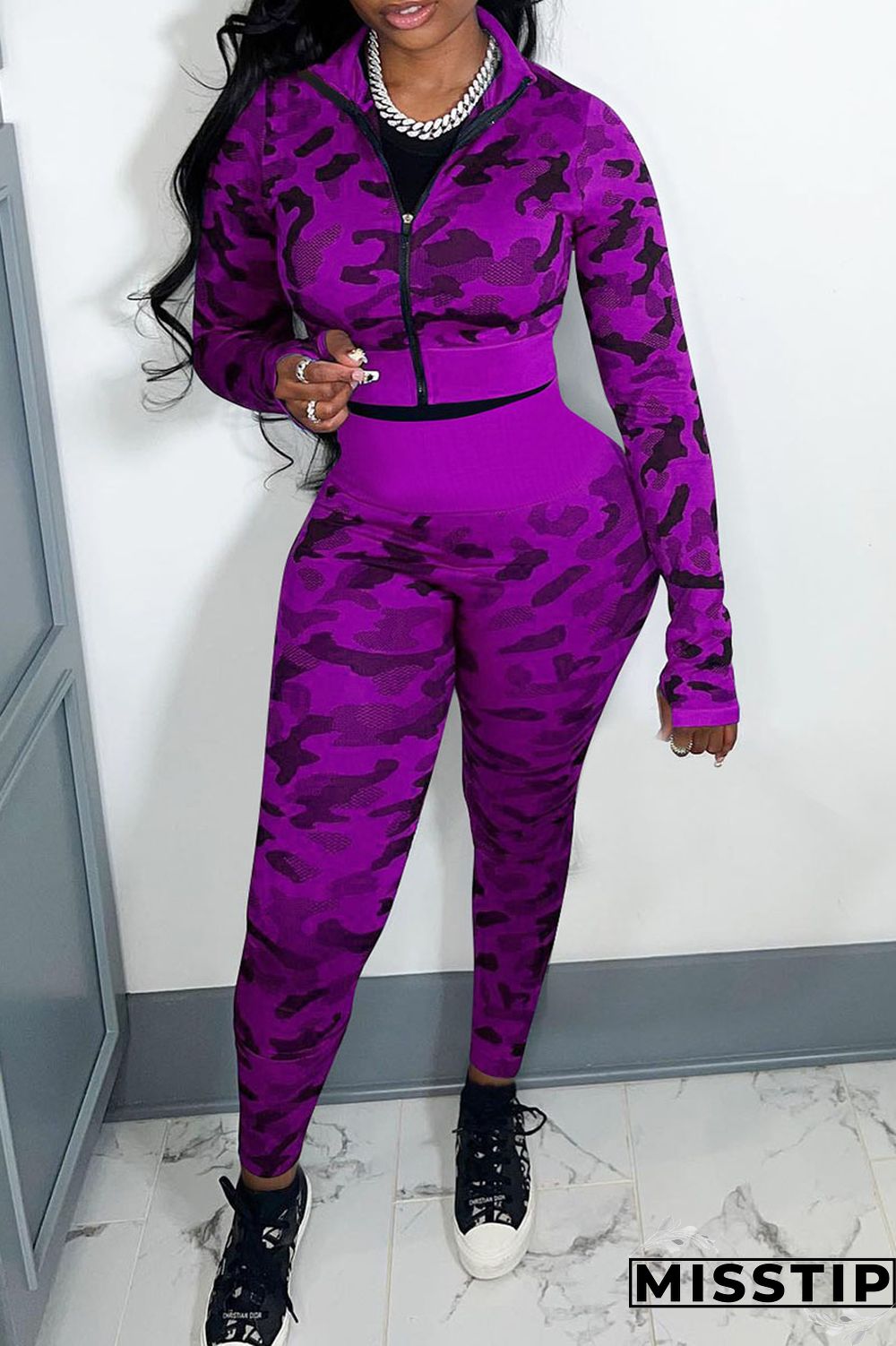 Blue Casual Camouflage Print Patchwork Zipper Long Sleeve Two Pieces