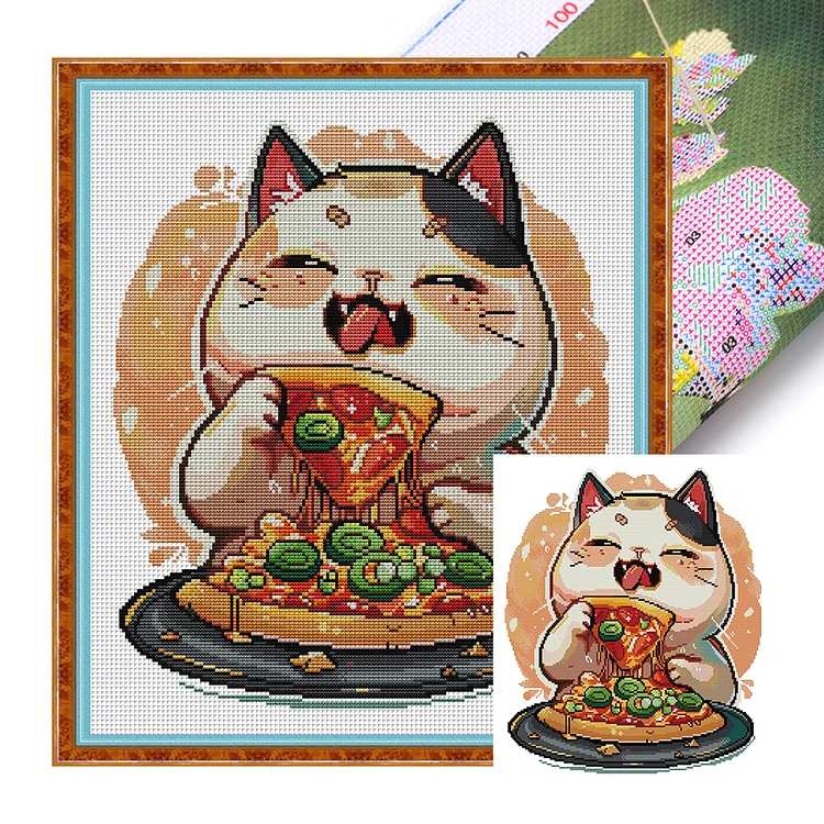 Joy Sunday-Kittens Who Love Pizza- 14CT - 2 Strands Threads Printed Cross Stitch - 41*43cm(Canvas)