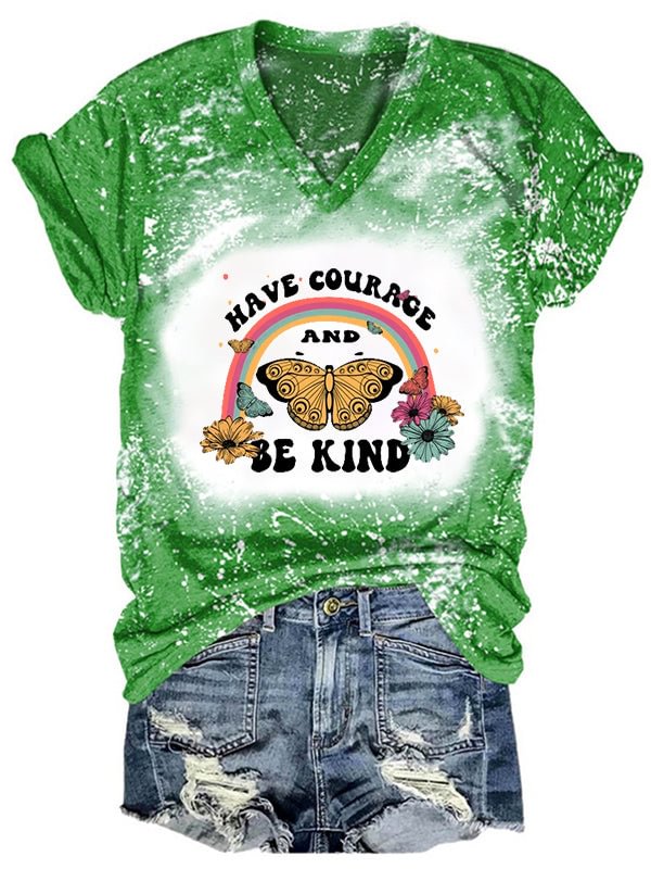 Short Sleeve V Neck Gradient Be Kind Letter Printed T-shirt