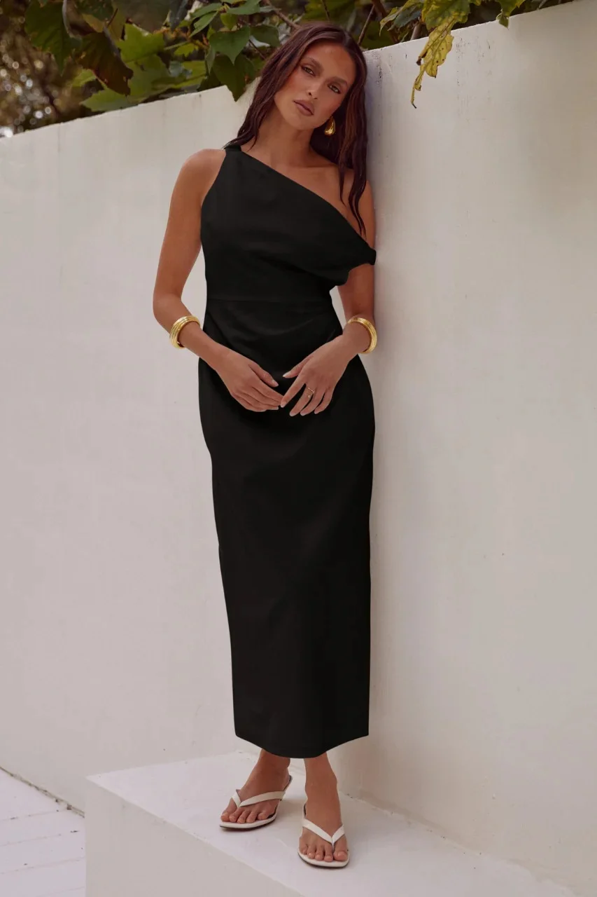 Zingj Zingj Spring And Summer New Solid Color Inclined Shoulder Open Shoulder Sexy Medium Long Dress 88112