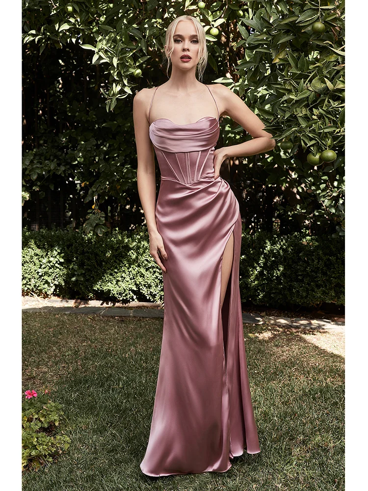 New Women's Sleeveless Solid Color One-Line Neck Slim Fit Backless Slit Sexy Prom Dress