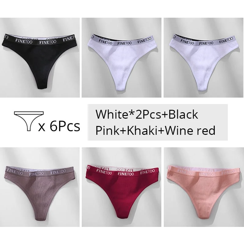 FINETOO Trendy Letter Thongs Cotton G-string Underwear M-XL Girls Bikini Underpants Comfortable Thong Panties 6Pcs Female Panty