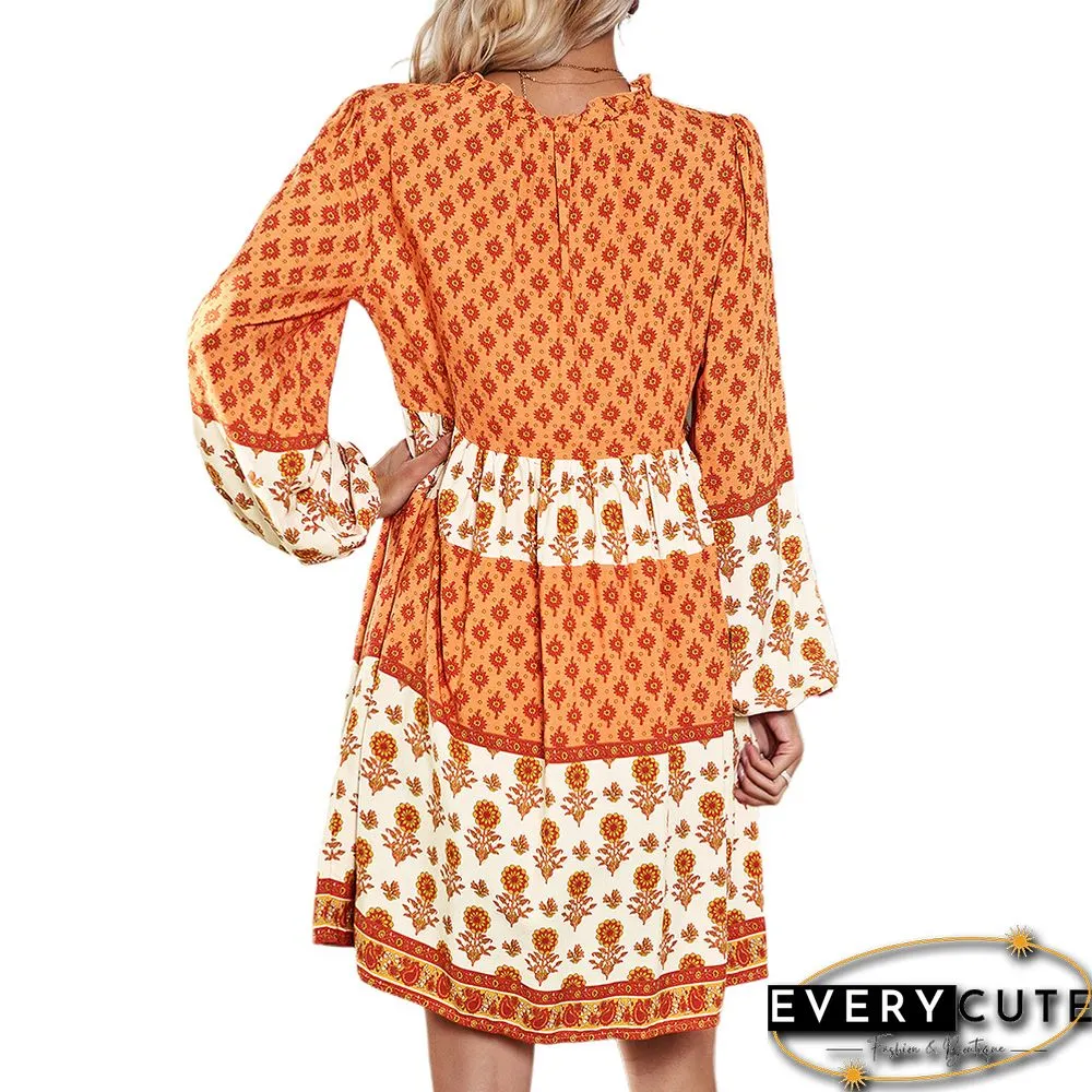 Orange Bohemia Print Button Detail V Neck Long Sleeve Dress