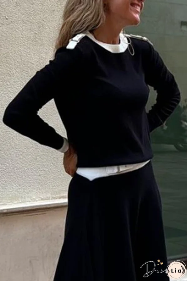 Kadie Colorblock Shoulder Buckle Detail Long Sleeve Loose Top