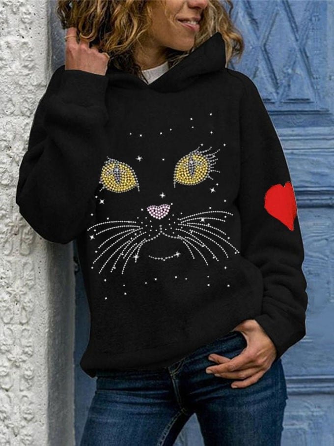 Women's Cat Bling Rhinestone Print Sweatshirt