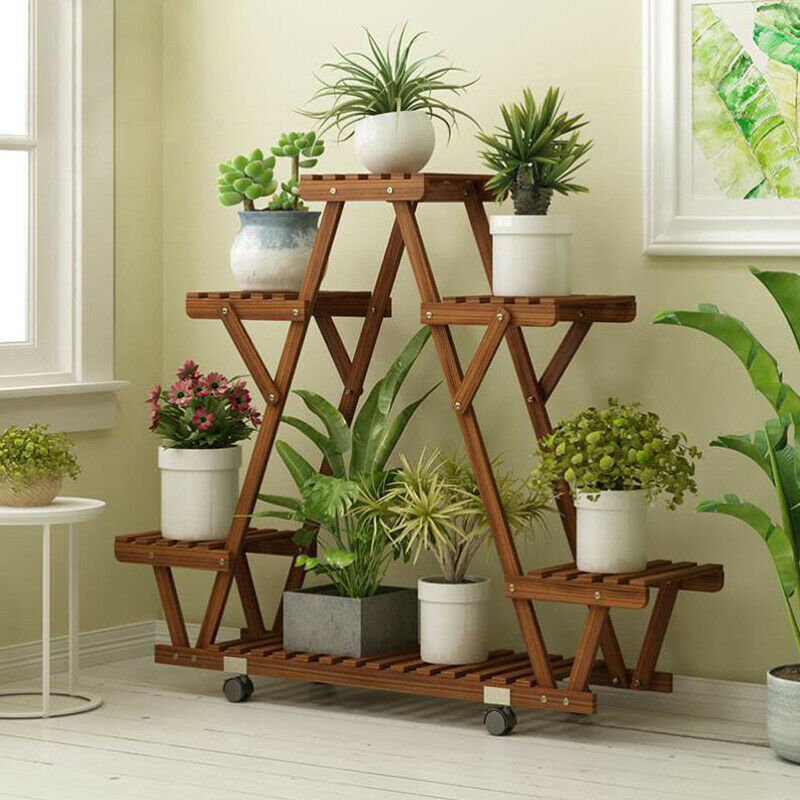 Triangular Plant Stand with Wheels | 6 Potted Wood Plant Holder ...