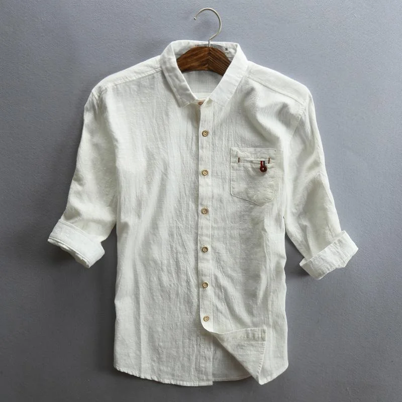 Men Spring/Fall 3/4 Sleeve Loose Turndown Collar Shirts Linen