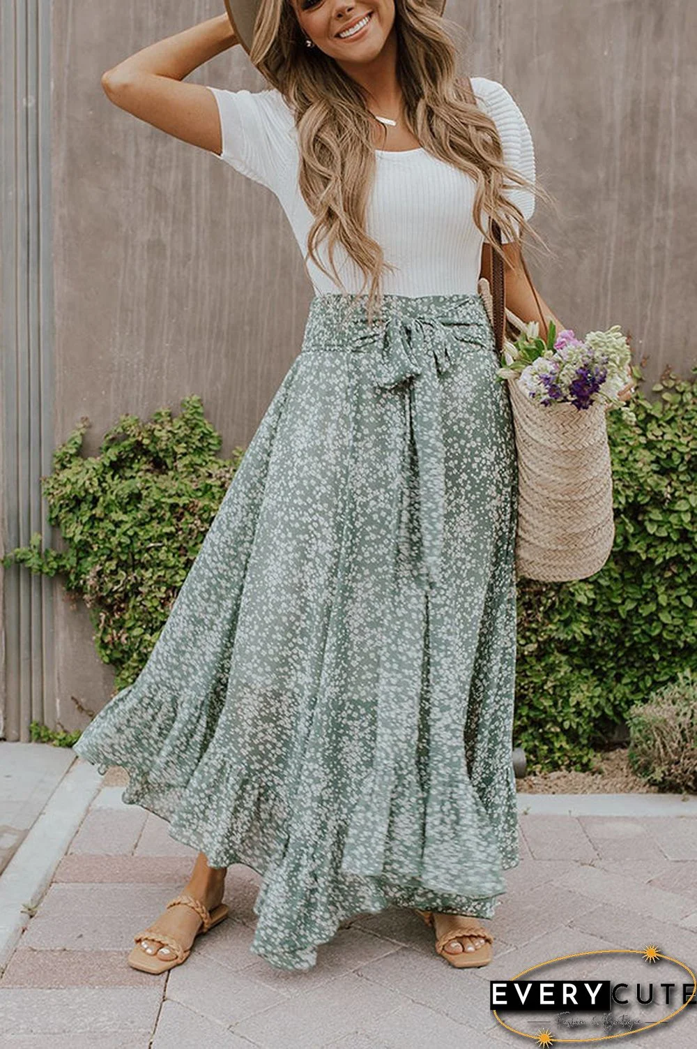 Floral Asymmetric Flounce Belted Maxi Skirt