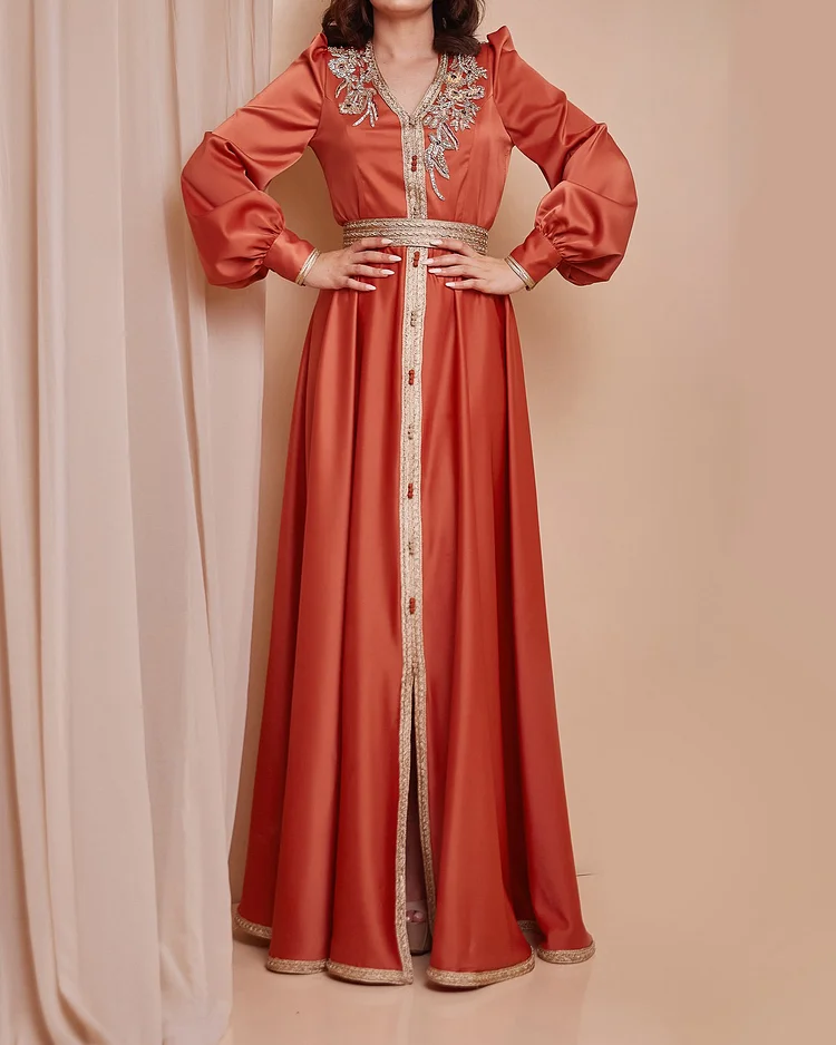 Elegant V-Neck Embroidered Satin Dress