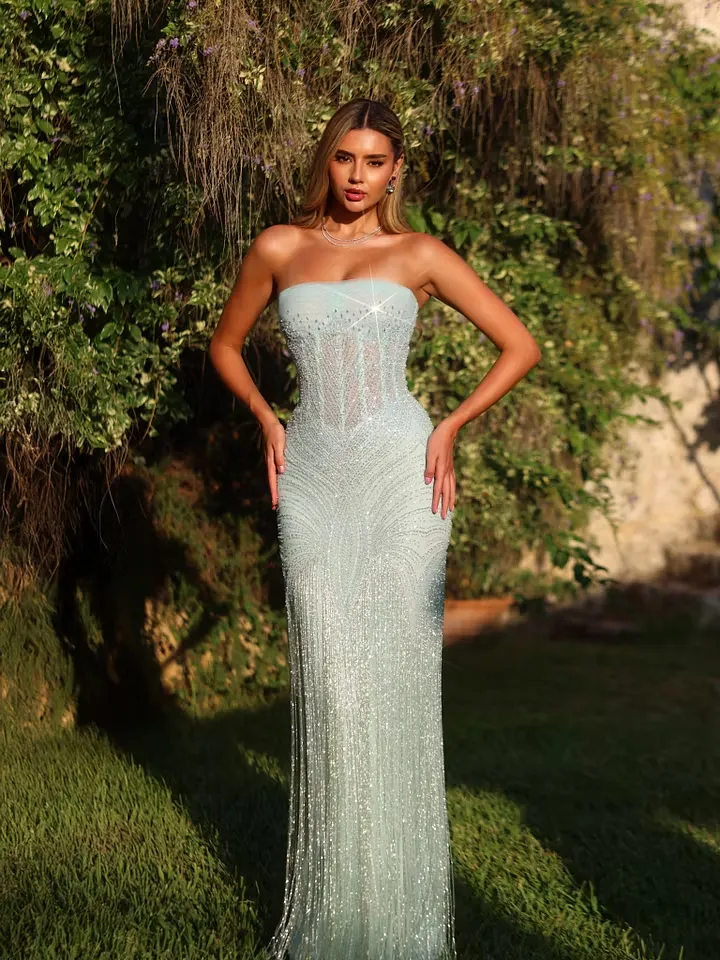 Stunning Mint Green Strapless Sleeveless Long Mermaid Prom Dress With Tassels And Beading | XY0274 Wellcucu