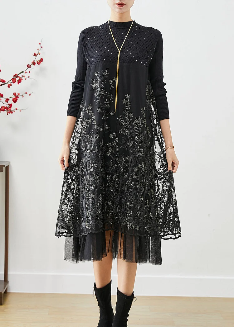 Fashion Black Embroideried Patchwork Knit Dresses Fall