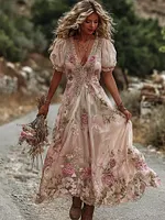 Women's Vintage Rose Embroidery Art Comfy Linen Maxi Dress