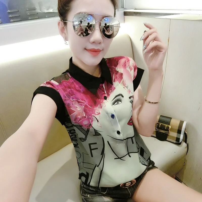 2021 Summer New Style Cool Black Printed Lapel Chiffon Blouse Short Sleeve O-Neck Loose Pullover Woman's Shirts Streetwear 10304