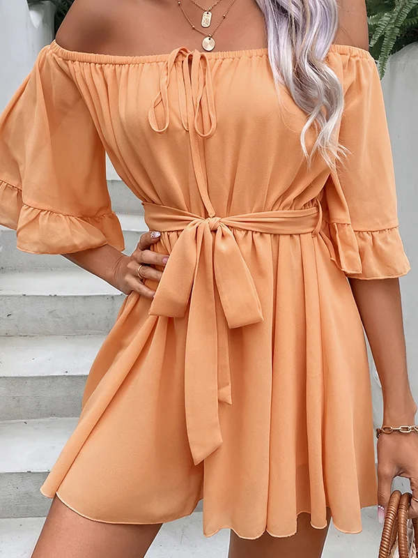 Loose Short Sleeves Drawstring Pleated Solid Color Split-Joint Tied Waist Off-The-Shoulder Rompers
