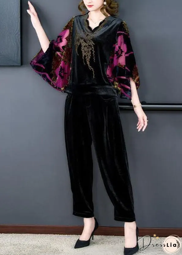 Rose Print Silk Velour Tops And Pants Two Pieces Set V Neck Batwing Sleeve