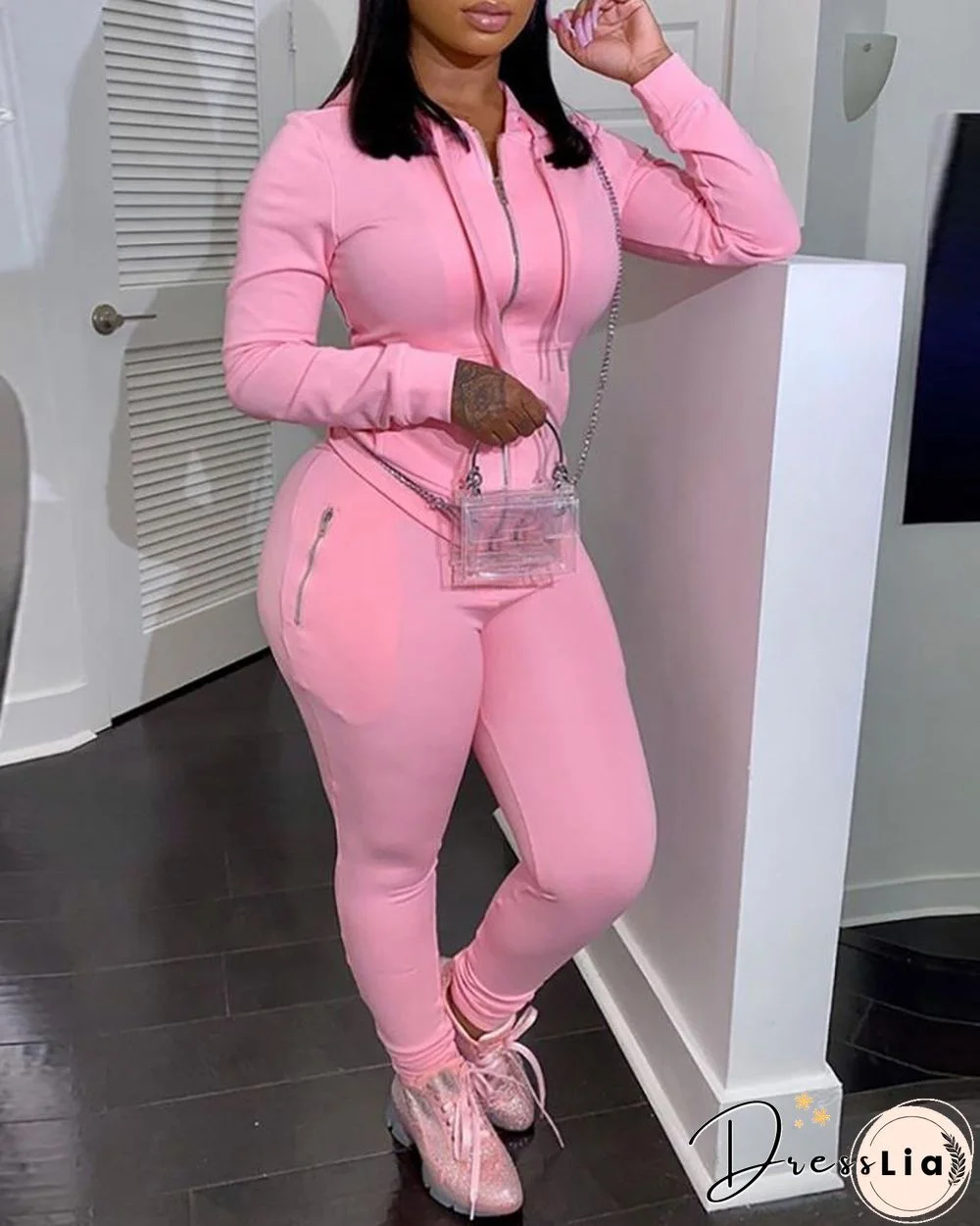 Zipper Design Hooded Top & Pants Set P16450