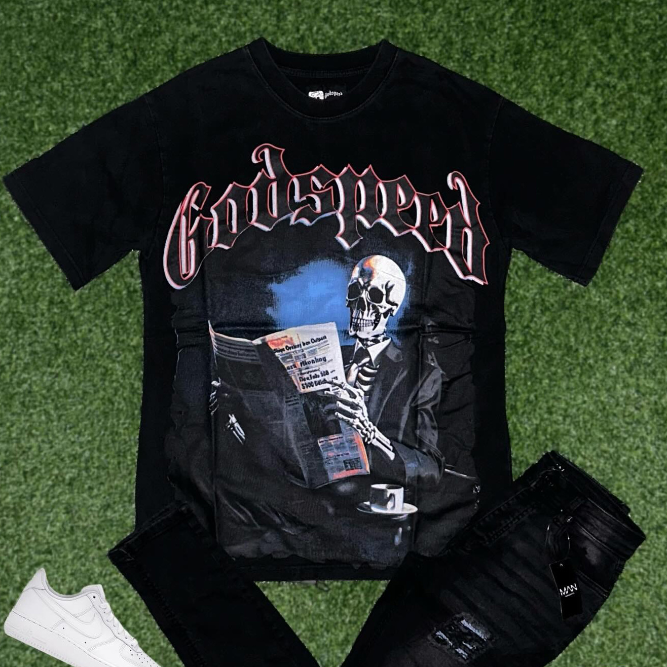 Godspeed Read Newspaper Print Cotton Short Sleeve T-Shirt