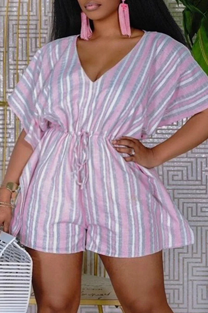 Pink Fashion Casual Striped Print Basic V Neck Regular Romper | EGEMISS