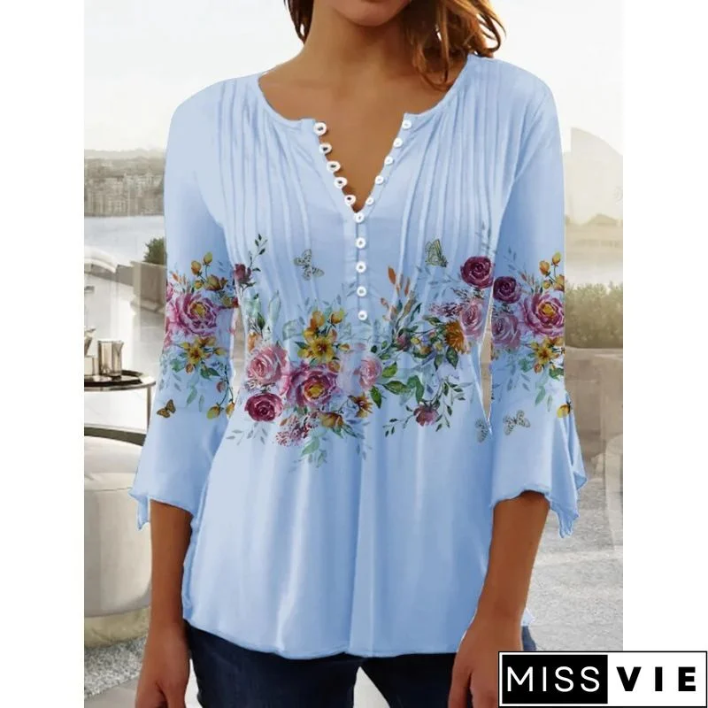 Women's Button Graphic Floral Printed V-Neck 3/4 Sleeve Top