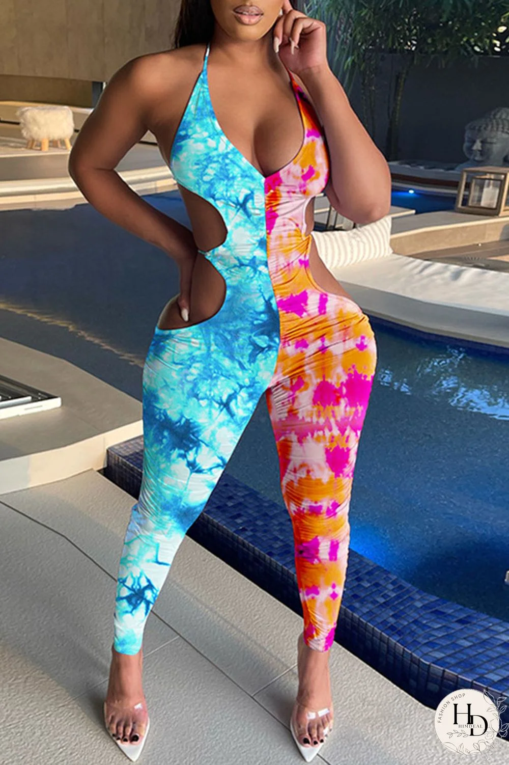 Red Blue Sexy Print Hollowed Out Split Joint Frenulum Backless Halter Skinny Jumpsuits