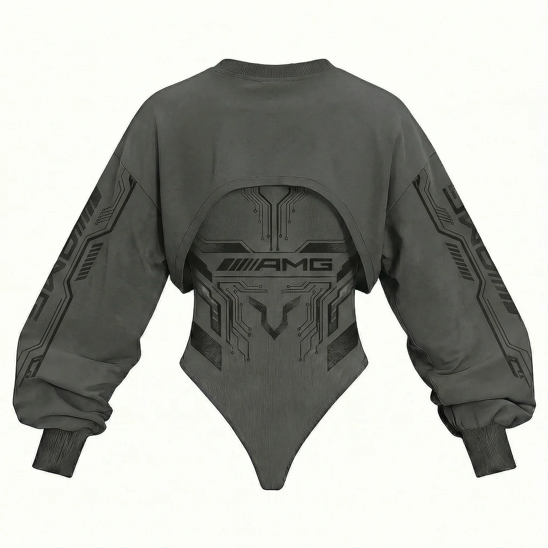 Women's Racing Team Logo Digitally Printed Tights Irregular Sweatshirt Set