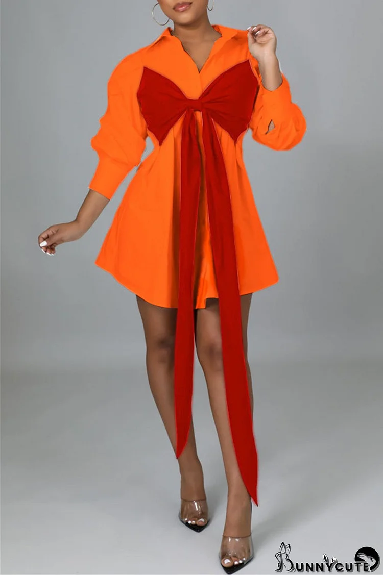 Tangerine Red Fashion Casual Solid Metal Accessories Decoration With Bow Turndown Collar Shirt Dress Dresses