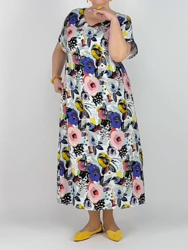 Floral Printed Loose Short Sleeves Round-Neck Maxi Dresses