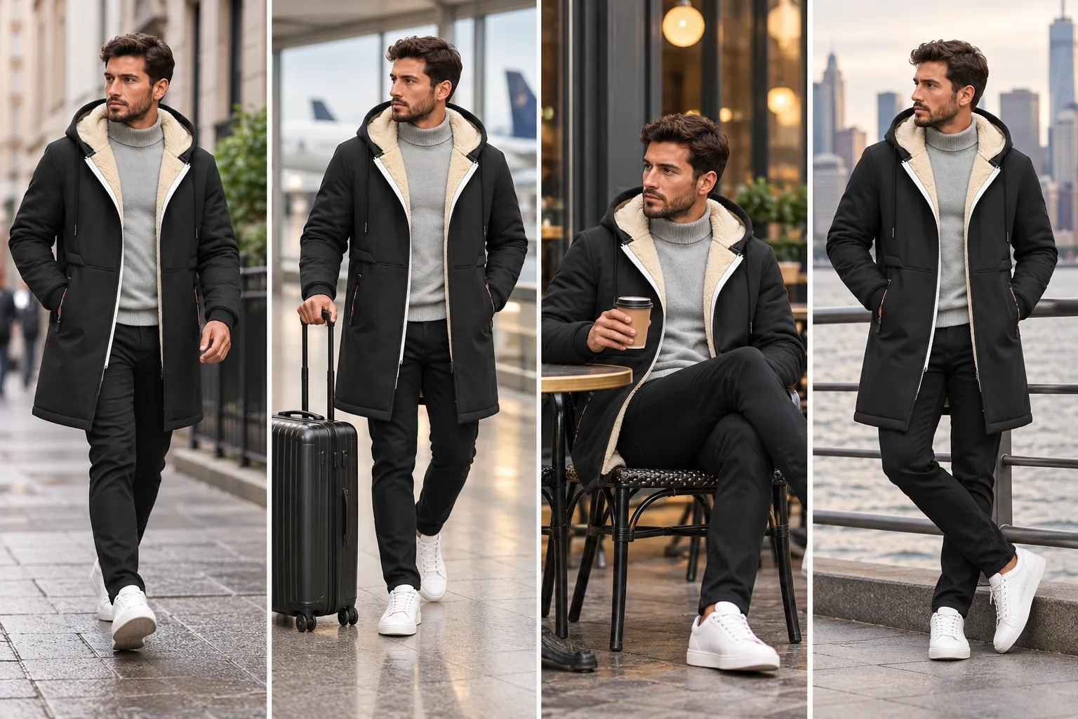 The coat worn for city walks, travel, coffee stops and waterfront evenings