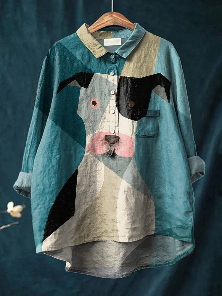 Geometric Dog Graphic Printed Women's Casual Cotton And Linen Shirt