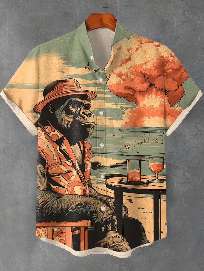 Men's Funny Chilling Seaside Explosion Monkey Art Print Shirt