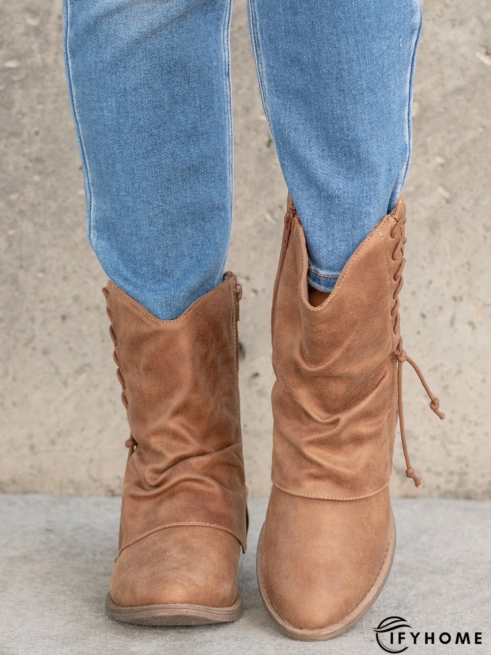 Women's Cross Lace Lace Panel Vintage Chunky Heel Chukkas Booties | IFYHOME