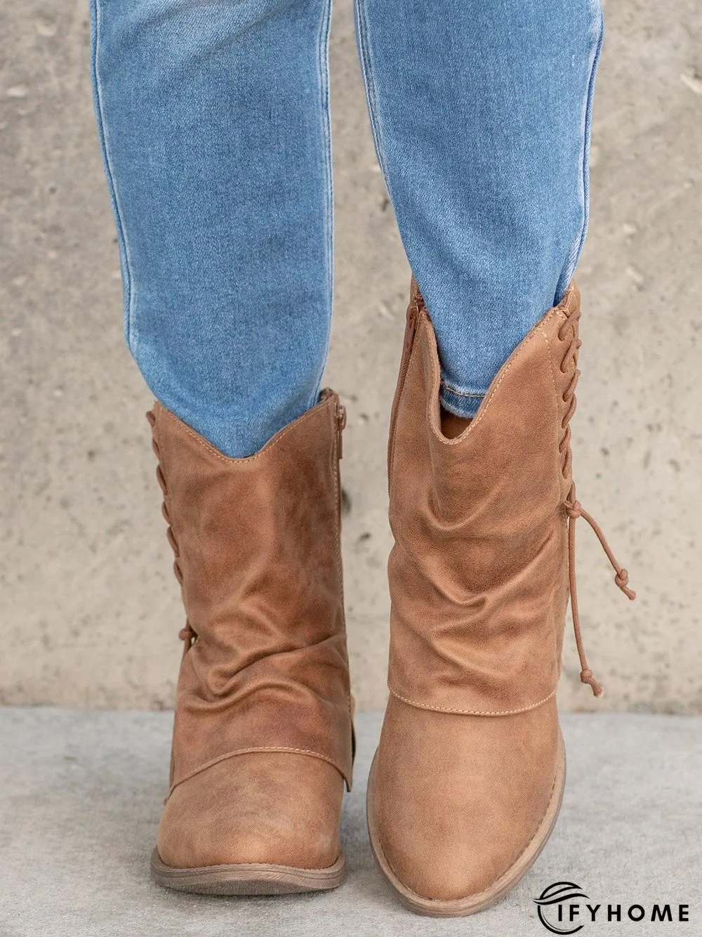 Women's Cross Lace Lace Panel Vintage Chunky Heel Chukkas Booties | IFYHOME